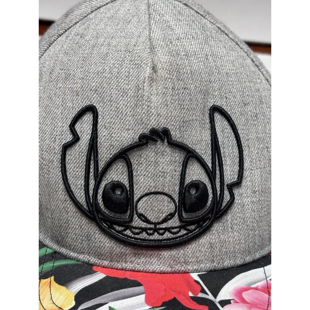 Disney Stitch Snapback Hat Gray Floral Brim Adjustable Cap Lilo‎ & Stitch OSFM